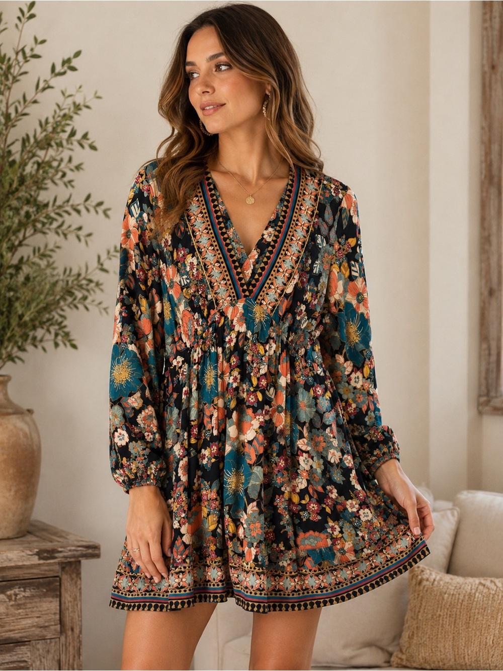 Angie Black Floral Long Sleeve V-Neck Dress